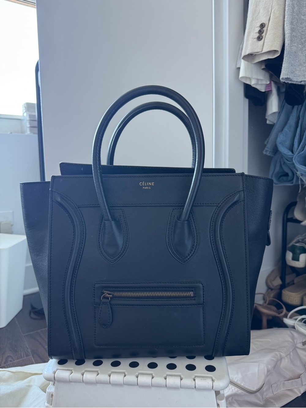 Celine Black Leather Satchel with Front Zip Pocket